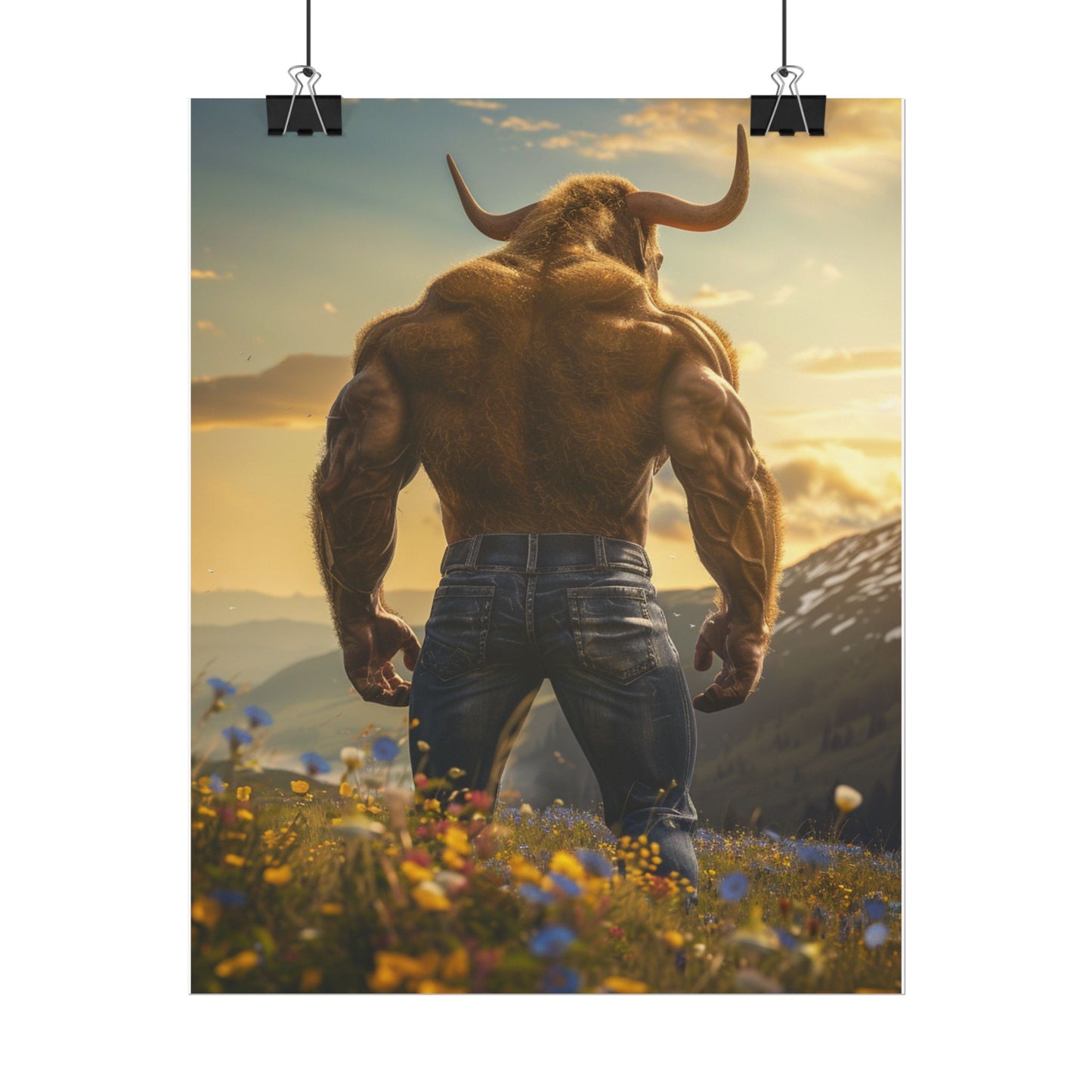 Bull Sunset Rolled Poster
