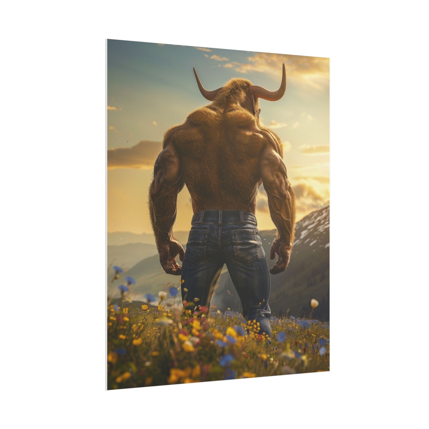 Bull Sunset Rolled Poster