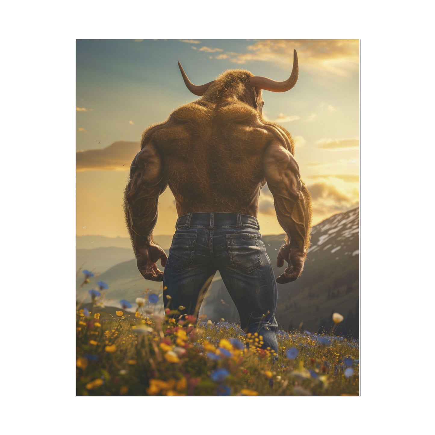 Bull Sunset Rolled Poster
